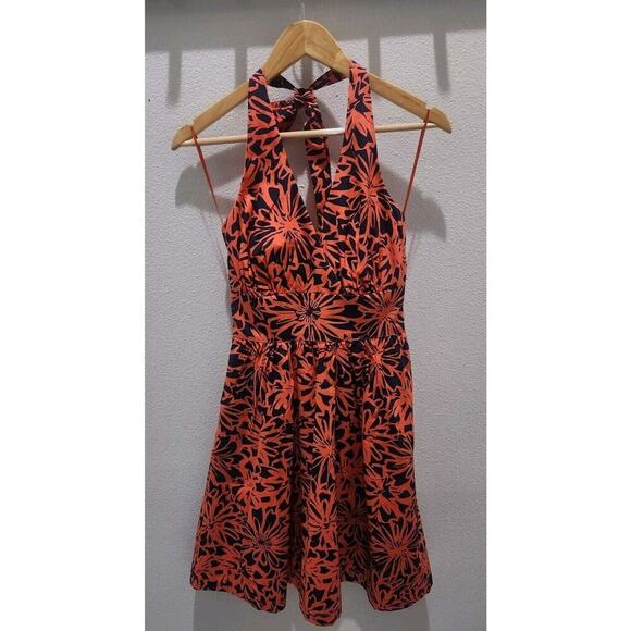 NWT ModCloth Orange Floral Halter Dress, V-Neck, Pockets Fit & Flare Cotton Sz 2 - Picture 3 of 10